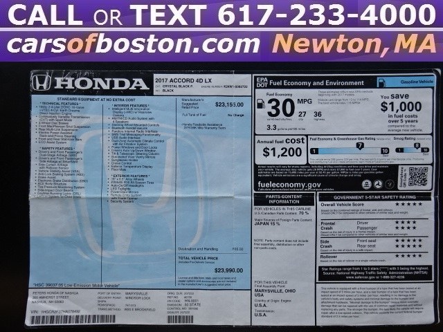 2017 Honda Accord Sedan LX CVT, available for sale in Newton, Massachusetts | Cars of Boston. Newton, Massachusetts 2017 Honda Accord Sedan LX CVT, available for sale in Newton, Massachusetts | Cars of Boston. Newton, Massachusetts