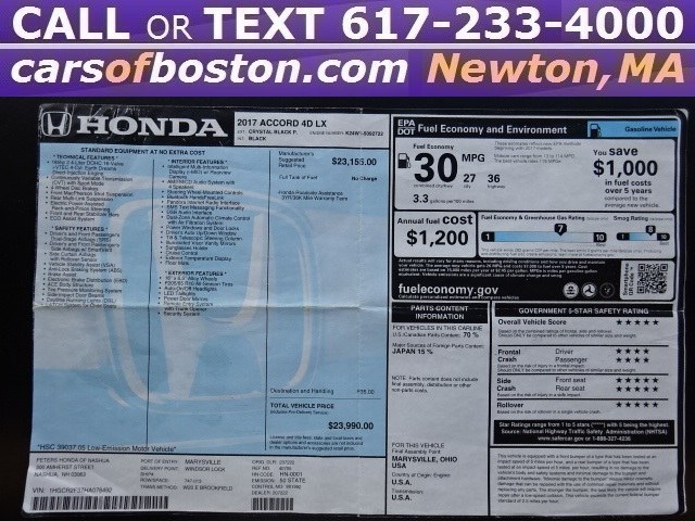2017 Honda Accord Sedan LX CVT, available for sale in Newton, Massachusetts | Cars of Boston. Newton, Massachusetts 2017 Honda Accord Sedan LX CVT, available for sale in Newton, Massachusetts | Cars of Boston. Newton, Massachusetts
