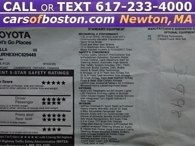 2017 Toyota Corolla SE CVT (Natl), available for sale in Newton, Massachusetts | Cars of Boston. Newton, Massachusetts 2017 Toyota Corolla SE CVT (Natl), available for sale in Newton, Massachusetts | Cars of Boston. Newton, Massachusetts