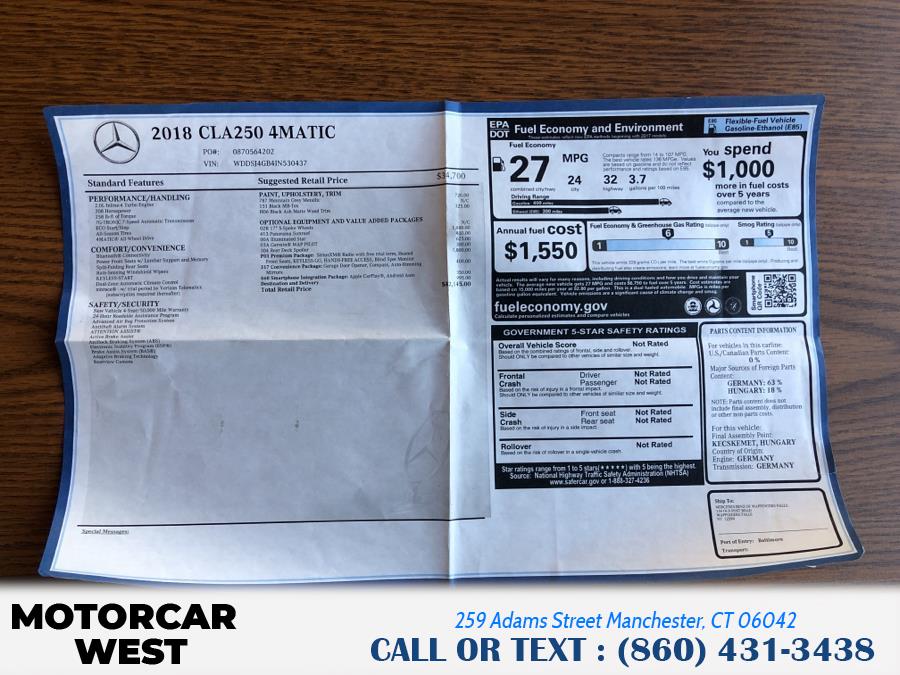 Used Mercedes-Benz CLA CLA 250 4MATIC Coupe 2018 | Motorcar West. Manchester, Connecticut Used Mercedes-Benz CLA CLA 250 4MATIC Coupe 2018 | Motorcar West. Manchester, Connecticut