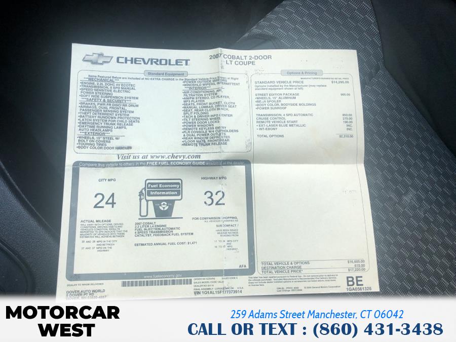 Used Chevrolet Cobalt 2dr Cpe LT 2007 | Motorcar West. Manchester, Connecticut Used Chevrolet Cobalt 2dr Cpe LT 2007 | Motorcar West. Manchester, Connecticut