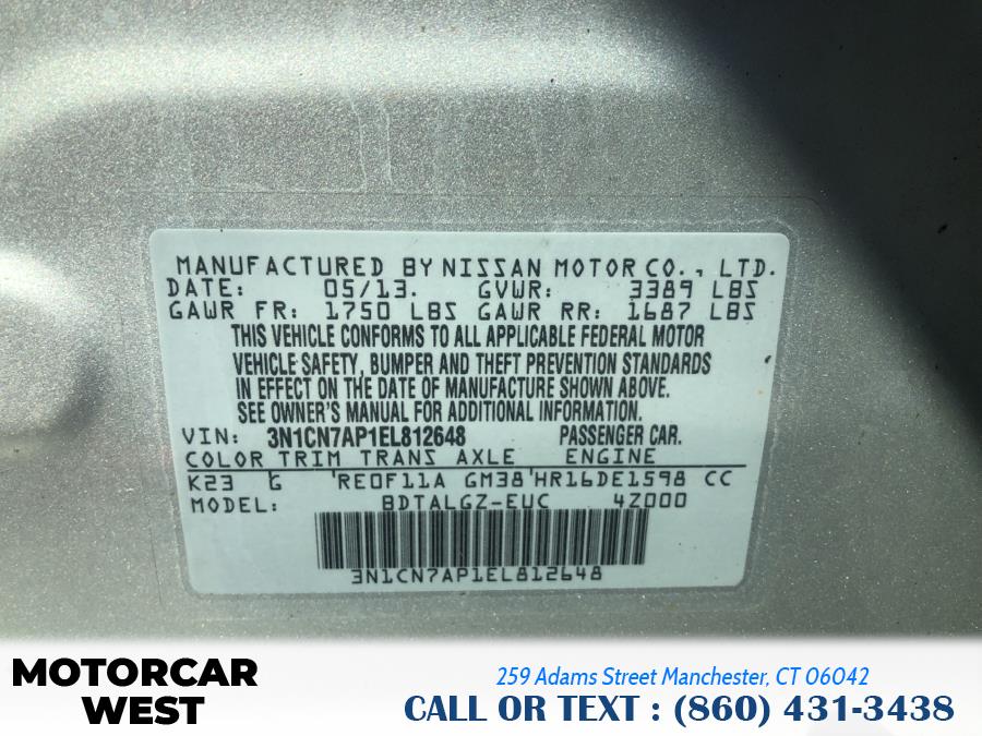 2014 Nissan Versa 4dr Sdn CVT 1.6 SL, available for sale in Manchester, Connecticut | Motorcar West. Manchester, Connecticut 2014 Nissan Versa 4dr Sdn CVT 1.6 SL, available for sale in Manchester, Connecticut | Motorcar West. Manchester, Connecticut