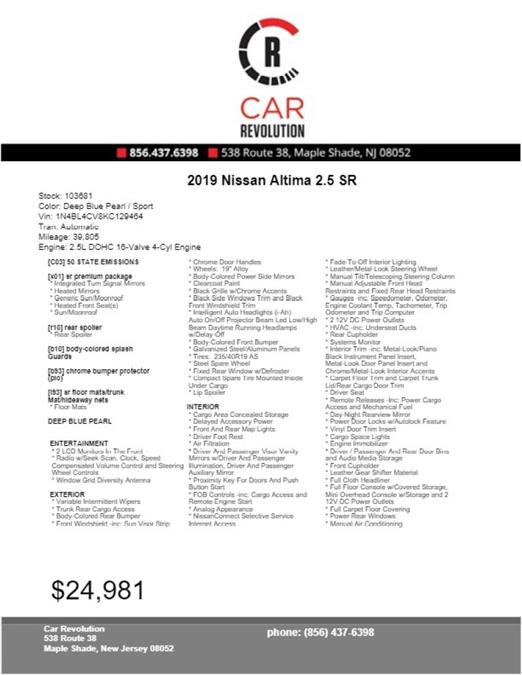 Used Nissan Altima 2.5 SR 2019 | Car Revolution. Maple Shade, New Jersey Used Nissan Altima 2.5 SR 2019 | Car Revolution. Maple Shade, New Jersey
