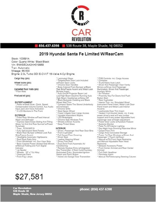 Used Hyundai Santa Fe Limited W/RearCam 2019 | Car Revolution. Maple Shade, New Jersey Used Hyundai Santa Fe Limited W/RearCam 2019 | Car Revolution. Maple Shade, New Jersey