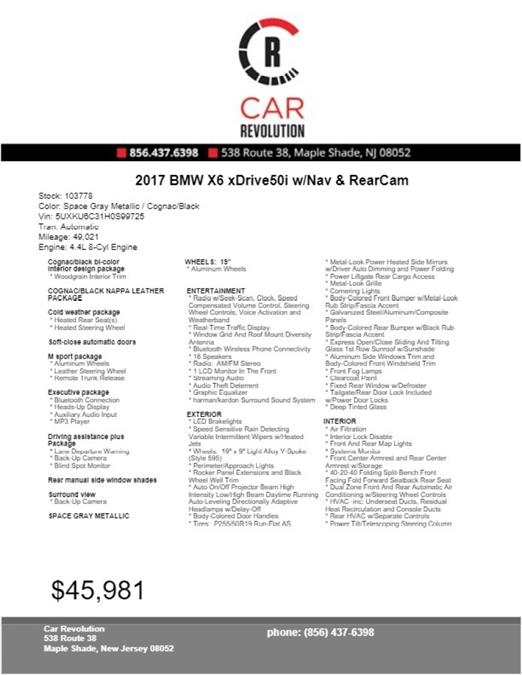 Used BMW X6 xDrive50i w/Nav & RearCam 2017 | Car Revolution. Maple Shade, New Jersey Used BMW X6 xDrive50i w/Nav & RearCam 2017 | Car Revolution. Maple Shade, New Jersey