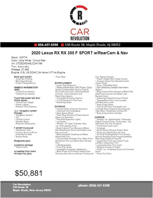 Used Lexus Rx RX 350 F SPORT 2020 | Car Revolution. Maple Shade, New Jersey Used Lexus Rx RX 350 F SPORT 2020 | Car Revolution. Maple Shade, New Jersey