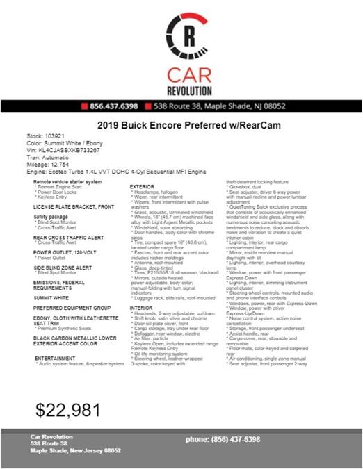 Used Buick Encore Preferred w/RearCam 2019 | Car Revolution. Maple Shade, New Jersey Used Buick Encore Preferred w/RearCam 2019 | Car Revolution. Maple Shade, New Jersey