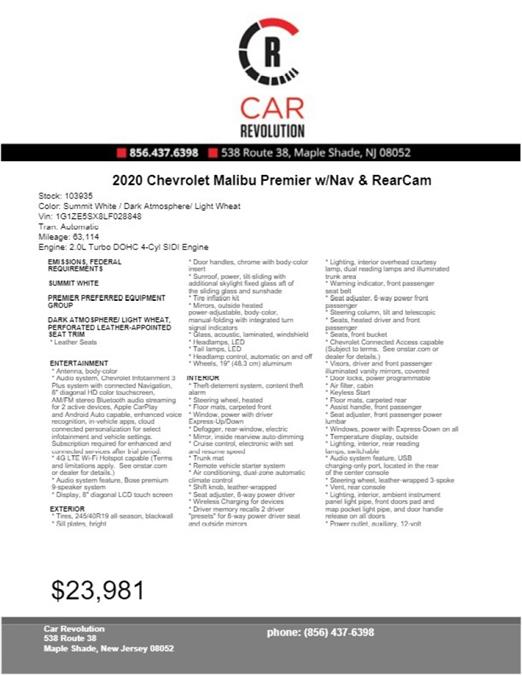 Used Chevrolet Malibu Premier w/Nav & RearCam 2020 | Car Revolution. Maple Shade, New Jersey Used Chevrolet Malibu Premier w/Nav & RearCam 2020 | Car Revolution. Maple Shade, New Jersey