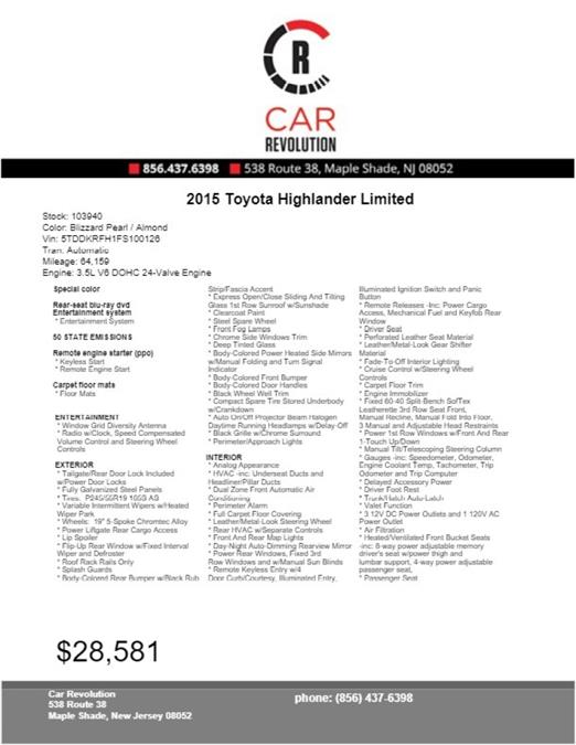 2015 Toyota Highlander Limited, available for sale in Maple Shade, New Jersey | Car Revolution. Maple Shade, New Jersey 2015 Toyota Highlander Limited, available for sale in Maple Shade, New Jersey | Car Revolution. Maple Shade, New Jersey
