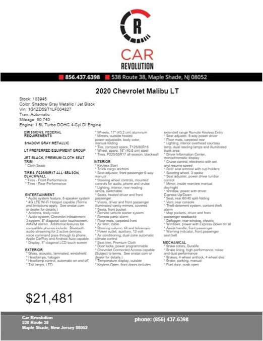 Used Chevrolet Malibu LT 2020 | Car Revolution. Maple Shade, New Jersey Used Chevrolet Malibu LT 2020 | Car Revolution. Maple Shade, New Jersey