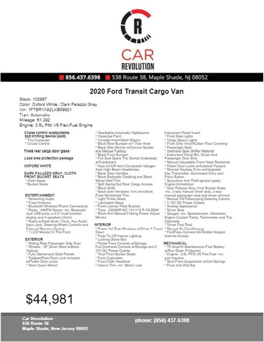 2020 Ford Transit T-250 Cargo Van , available for sale in Maple Shade, New Jersey | Car Revolution. Maple Shade, New Jersey 2020 Ford Transit T-250 Cargo Van , available for sale in Maple Shade, New Jersey | Car Revolution. Maple Shade, New Jersey