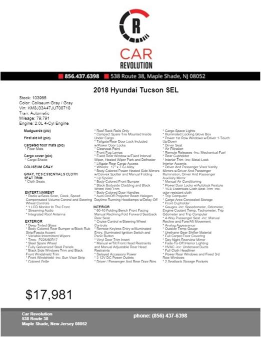 Used Hyundai Tucson SEL 2018 | Car Revolution. Maple Shade, New Jersey Used Hyundai Tucson SEL 2018 | Car Revolution. Maple Shade, New Jersey