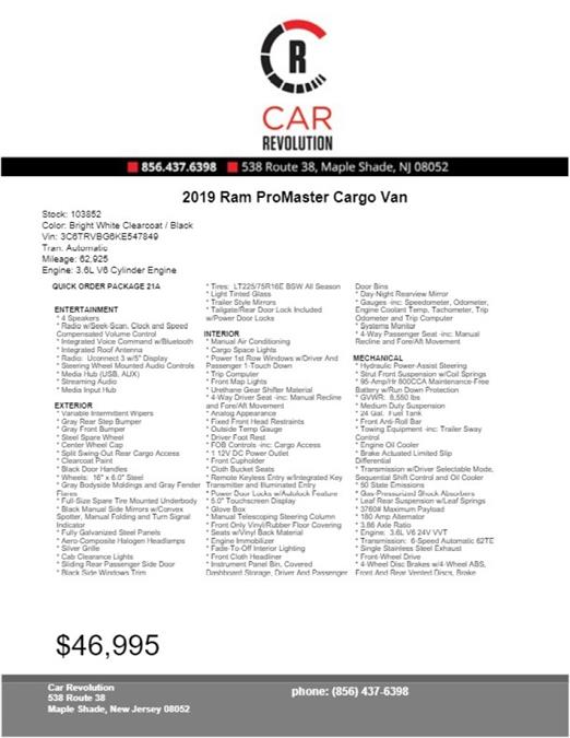 2019 Ram Promaster Cargo Van , available for sale in Maple Shade, New Jersey | Car Revolution. Maple Shade, New Jersey 2019 Ram Promaster Cargo Van , available for sale in Maple Shade, New Jersey | Car Revolution. Maple Shade, New Jersey