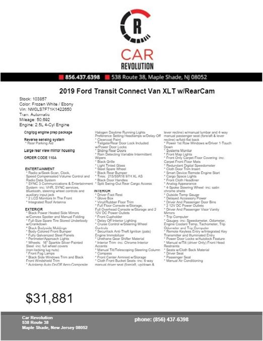 Used Ford Transit Connect Van XLT w/RearCam 2019 | Car Revolution. Maple Shade, New Jersey Used Ford Transit Connect Van XLT w/RearCam 2019 | Car Revolution. Maple Shade, New Jersey