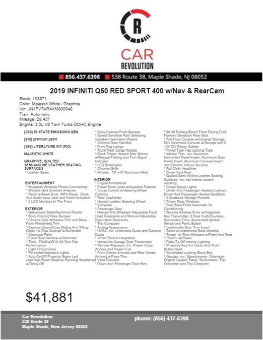 Used Infiniti Q50 RED SPORT 400 w/Nav & RearCam 2019 | Car Revolution. Maple Shade, New Jersey Used Infiniti Q50 RED SPORT 400 w/Nav & RearCam 2019 | Car Revolution. Maple Shade, New Jersey