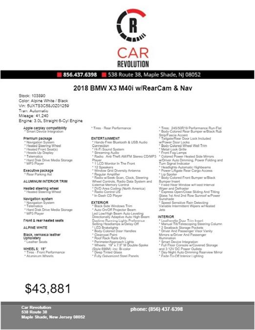 2018 BMW X3 M40i w/RearCam & Nav, available for sale in Maple Shade, New Jersey | Car Revolution. Maple Shade, New Jersey 2018 BMW X3 M40i w/RearCam & Nav, available for sale in Maple Shade, New Jersey | Car Revolution. Maple Shade, New Jersey