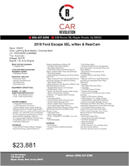 2018 Ford Escape SEL w/Nav & RearCam, available for sale in Maple Shade, New Jersey | Car Revolution. Maple Shade, New Jersey 2018 Ford Escape SEL w/Nav & RearCam, available for sale in Maple Shade, New Jersey | Car Revolution. Maple Shade, New Jersey