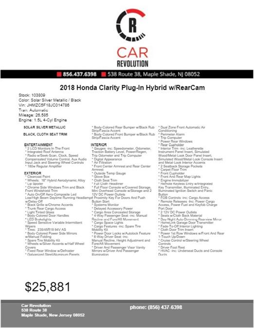 Used Honda Clarity Plug-in Hybrid w/RearCam 2018 | Car Revolution. Maple Shade, New Jersey Used Honda Clarity Plug-in Hybrid w/RearCam 2018 | Car Revolution. Maple Shade, New Jersey