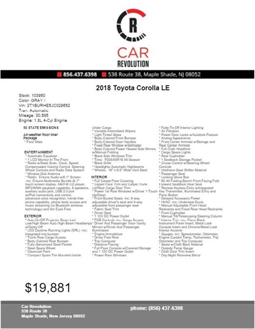 Used Toyota Corolla LE 2018 | Car Revolution. Maple Shade, New Jersey Used Toyota Corolla LE 2018 | Car Revolution. Maple Shade, New Jersey
