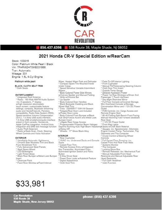 Used Honda Cr-v Special Edition w/RearCam 2021 | Car Revolution. Maple Shade, New Jersey Used Honda Cr-v Special Edition w/RearCam 2021 | Car Revolution. Maple Shade, New Jersey