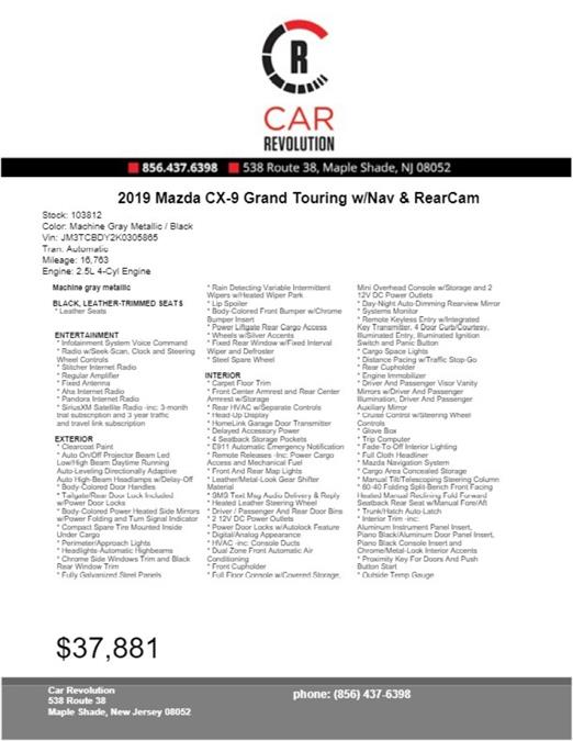 Used Mazda Cx-9 Grand Touring w/Nav & RearCam 2019 | Car Revolution. Maple Shade, New Jersey Used Mazda Cx-9 Grand Touring w/Nav & RearCam 2019 | Car Revolution. Maple Shade, New Jersey
