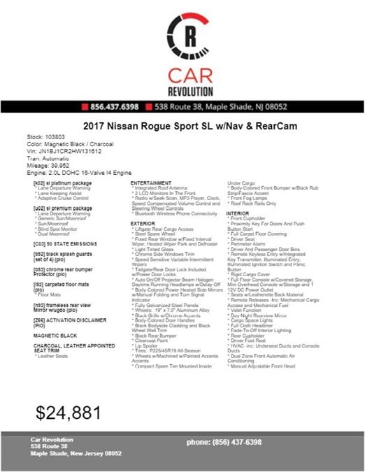 Used Nissan Rogue Sport SL w/Nav & RearCam 2017 | Car Revolution. Maple Shade, New Jersey Used Nissan Rogue Sport SL w/Nav & RearCam 2017 | Car Revolution. Maple Shade, New Jersey