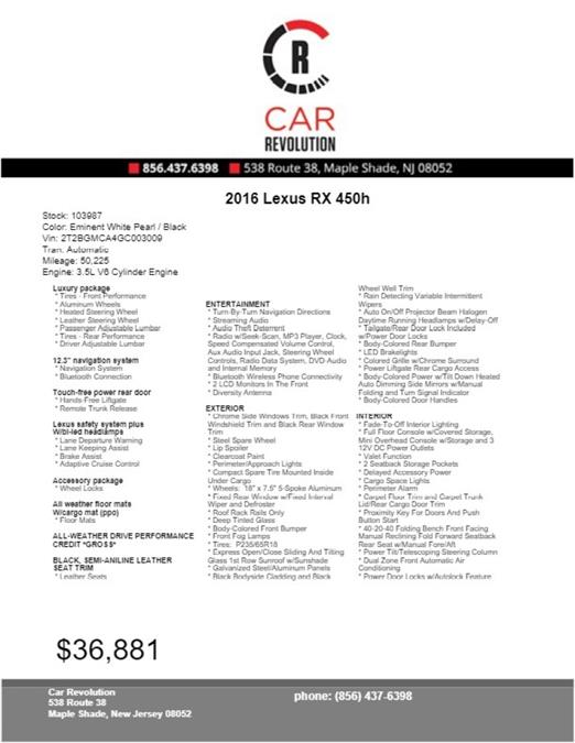 Used Lexus Rx 450h 2016 | Car Revolution. Maple Shade, New Jersey Used Lexus Rx 450h 2016 | Car Revolution. Maple Shade, New Jersey