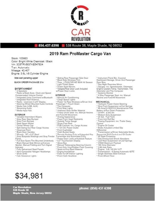 Used Ram 1500 Promaster Cargo Van 2019 | Car Revolution. Maple Shade, New Jersey Used Ram 1500 Promaster Cargo Van 2019 | Car Revolution. Maple Shade, New Jersey