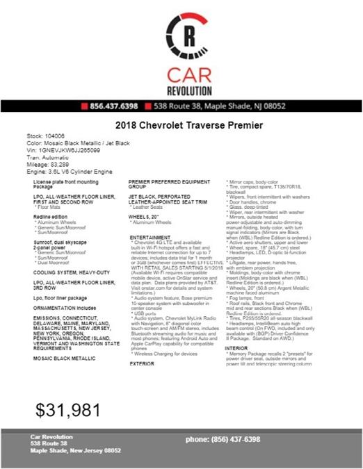 2018 Chevrolet Traverse Premier, available for sale in Maple Shade, New Jersey | Car Revolution. Maple Shade, New Jersey 2018 Chevrolet Traverse Premier, available for sale in Maple Shade, New Jersey | Car Revolution. Maple Shade, New Jersey