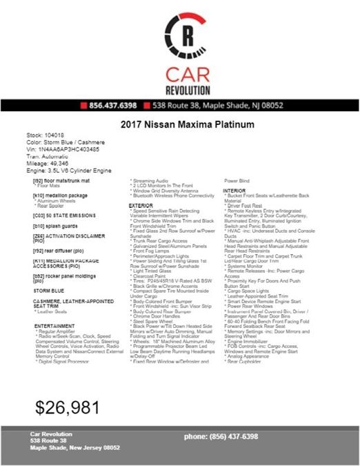 Used Nissan Maxima Platinum 2017 | Car Revolution. Maple Shade, New Jersey Used Nissan Maxima Platinum 2017 | Car Revolution. Maple Shade, New Jersey
