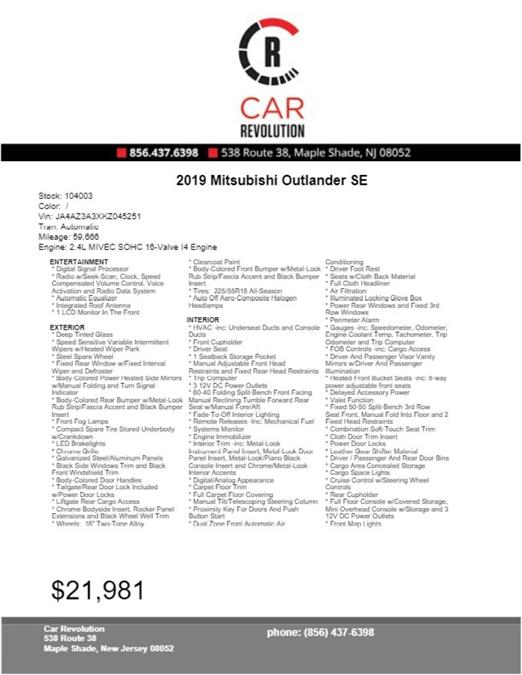 Used Mitsubishi Outlander SE 2019 | Car Revolution. Maple Shade, New Jersey Used Mitsubishi Outlander SE 2019 | Car Revolution. Maple Shade, New Jersey
