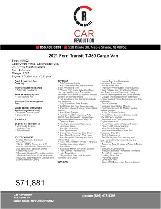 2021 Ford T-350 Transit Cargo Van , available for sale in Maple Shade, New Jersey | Car Revolution. Maple Shade, New Jersey 2021 Ford T-350 Transit Cargo Van , available for sale in Maple Shade, New Jersey | Car Revolution. Maple Shade, New Jersey