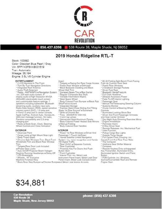 Used Honda Ridgeline RTL-T 2019 | Car Revolution. Maple Shade, New Jersey Used Honda Ridgeline RTL-T 2019 | Car Revolution. Maple Shade, New Jersey