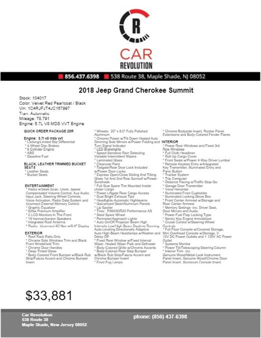 2018 Jeep Grand Cherokee Summit, available for sale in Maple Shade, New Jersey | Car Revolution. Maple Shade, New Jersey 2018 Jeep Grand Cherokee Summit, available for sale in Maple Shade, New Jersey | Car Revolution. Maple Shade, New Jersey