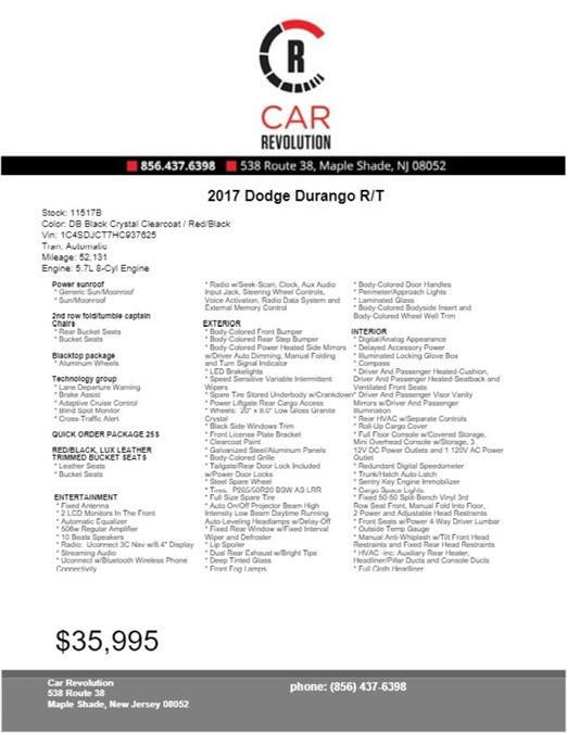 Used Dodge Durango R/T 2017 | Car Revolution. Maple Shade, New Jersey Used Dodge Durango R/T 2017 | Car Revolution. Maple Shade, New Jersey