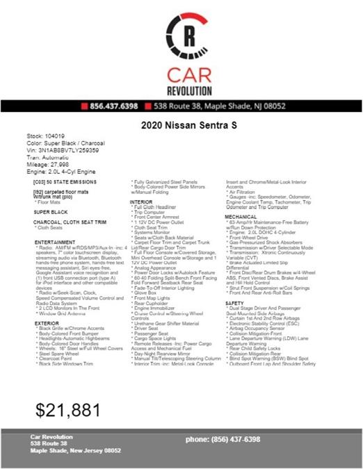 2020 Nissan Sentra S, available for sale in Maple Shade, New Jersey | Car Revolution. Maple Shade, New Jersey 2020 Nissan Sentra S, available for sale in Maple Shade, New Jersey | Car Revolution. Maple Shade, New Jersey