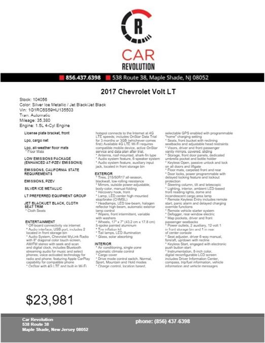 Used Chevrolet Volt LT 2017 | Car Revolution. Maple Shade, New Jersey Used Chevrolet Volt LT 2017 | Car Revolution. Maple Shade, New Jersey