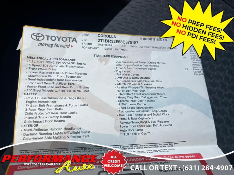 2008 Toyota Corolla 4dr Sdn Auto S, available for sale in Bohemia, New York | Performance Auto Inc. Bohemia, New York 2008 Toyota Corolla 4dr Sdn Auto S, available for sale in Bohemia, New York | Performance Auto Inc. Bohemia, New York