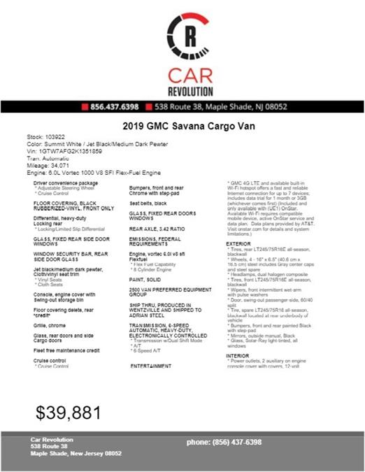 2019 GMC Savana Cargo Van , available for sale in Maple Shade, New Jersey | Car Revolution. Maple Shade, New Jersey 2019 GMC Savana Cargo Van , available for sale in Maple Shade, New Jersey | Car Revolution. Maple Shade, New Jersey