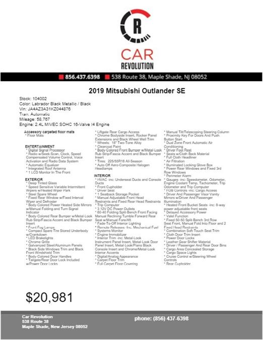 2019 Mitsubishi Outlander SE, available for sale in Maple Shade, New Jersey | Car Revolution. Maple Shade, New Jersey 2019 Mitsubishi Outlander SE, available for sale in Maple Shade, New Jersey | Car Revolution. Maple Shade, New Jersey