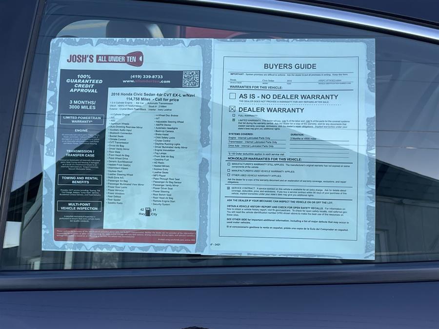 2016 Honda Civic Sedan 4dr CVT EX-L w/Navi, available for sale in Elida, Ohio | Josh's All Under Ten LLC. Elida, Ohio 2016 Honda Civic Sedan 4dr CVT EX-L w/Navi, available for sale in Elida, Ohio | Josh's All Under Ten LLC. Elida, Ohio