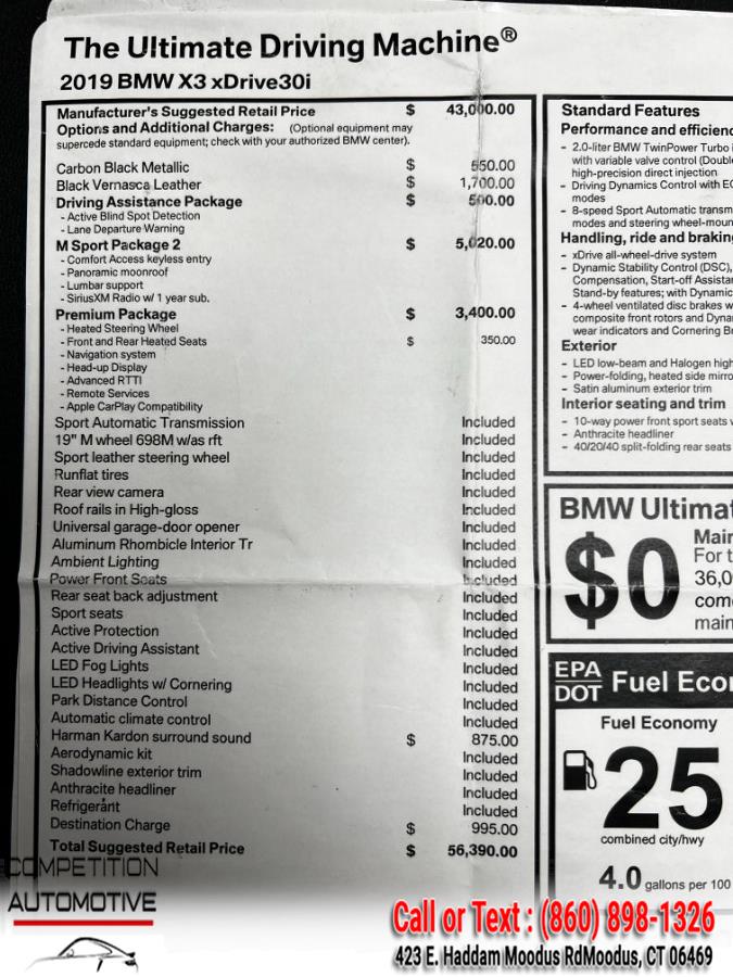 2019 BMW X3 xDrive30i Sports Activity Vehicle, available for sale in Moodus, Connecticut | Competition Automotive of CT LLC. Moodus, Connecticut 2019 BMW X3 xDrive30i Sports Activity Vehicle, available for sale in Moodus, Connecticut | Competition Automotive of CT LLC. Moodus, Connecticut