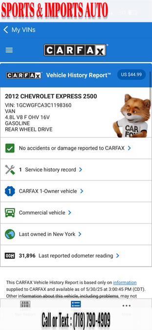 2012 Chevrolet Express Cargo Van RWD 2500 135", available for sale in Brooklyn, New York | Sports & Imports Auto Inc. Brooklyn, New York 2012 Chevrolet Express Cargo Van RWD 2500 135", available for sale in Brooklyn, New York | Sports & Imports Auto Inc. Brooklyn, New York