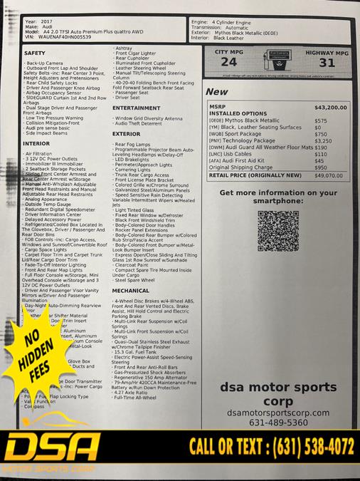 2017 Audi A4 2.0 TFSI Auto Premium Plus quattro AWD, available for sale in Commack, New York | DSA Motor Sports Corp. Commack, New York 2017 Audi A4 2.0 TFSI Auto Premium Plus quattro AWD, available for sale in Commack, New York | DSA Motor Sports Corp. Commack, New York