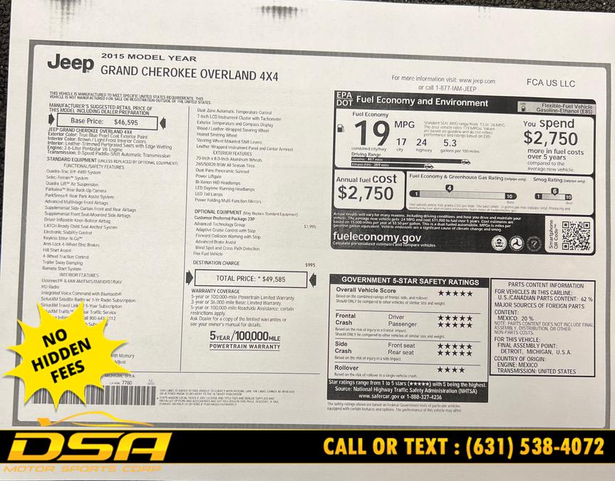 2015 Jeep Grand Cherokee 4WD 4dr Overland, available for sale in Commack, New York | DSA Motor Sports Corp. Commack, New York 2015 Jeep Grand Cherokee 4WD 4dr Overland, available for sale in Commack, New York | DSA Motor Sports Corp. Commack, New York