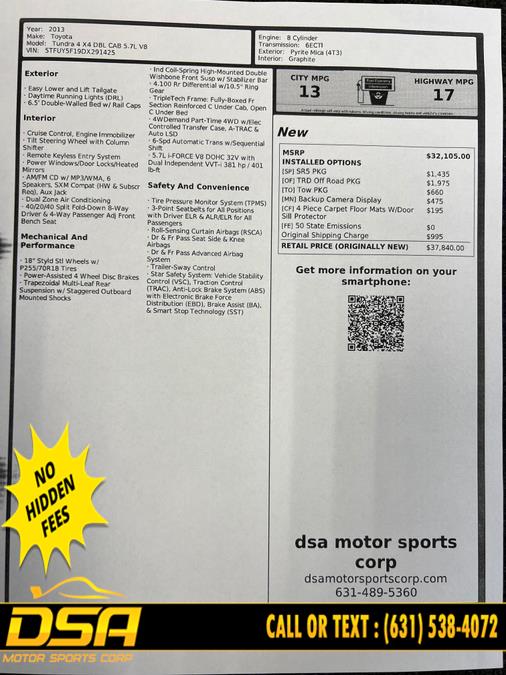 2013 Toyota Tundra 4WD Truck Double Cab 5.7L V8 6-Spd AT (Natl), available for sale in Commack, New York | DSA Motor Sports Corp. Commack, New York 2013 Toyota Tundra 4WD Truck Double Cab 5.7L V8 6-Spd AT (Natl), available for sale in Commack, New York | DSA Motor Sports Corp. Commack, New York
