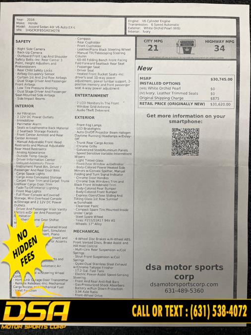 2016 Honda Accord Sedan 4dr V6 Auto EX-L, available for sale in Commack, New York | DSA Motor Sports Corp. Commack, New York 2016 Honda Accord Sedan 4dr V6 Auto EX-L, available for sale in Commack, New York | DSA Motor Sports Corp. Commack, New York