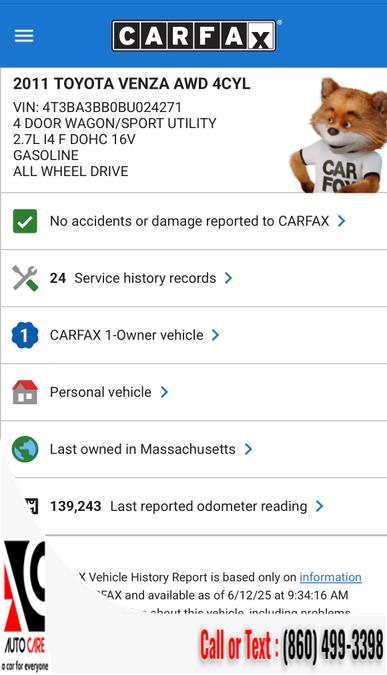 2011 Toyota Venza 4dr Wgn I4 AWD (Natl), available for sale in Vernon , Connecticut | Auto Care Motors. Vernon , Connecticut 2011 Toyota Venza 4dr Wgn I4 AWD (Natl), available for sale in Vernon , Connecticut | Auto Care Motors. Vernon , Connecticut