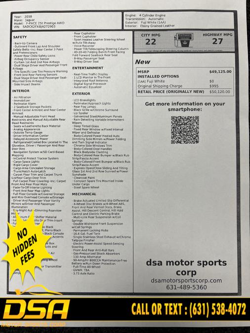 2018 Jaguar F-PACE 25t Prestige AWD, available for sale in Commack, New York | DSA Motor Sports Corp. Commack, New York 2018 Jaguar F-PACE 25t Prestige AWD, available for sale in Commack, New York | DSA Motor Sports Corp. Commack, New York