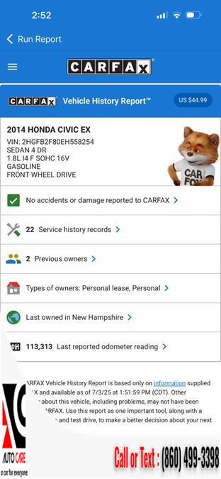 2014 Honda Civic Sedan 4dr CVT EX, available for sale in Vernon , Connecticut | Auto Care Motors. Vernon , Connecticut 2014 Honda Civic Sedan 4dr CVT EX, available for sale in Vernon , Connecticut | Auto Care Motors. Vernon , Connecticut